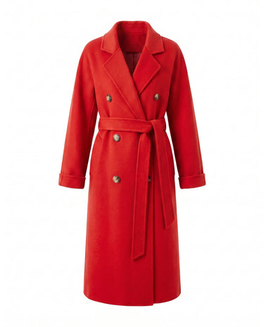The Calvera double-breasted wool coat in red — belted maxi coat with notch collar, product flat-lay