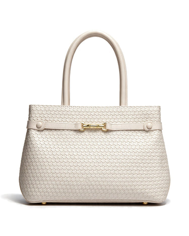 The Camille Handbag in ivory, front view on a pure white studio background showing the woven-pattern body and gold-tone clasp
