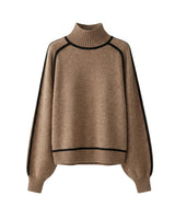 The Camille sweater in brown — high-neck knit sweater with contrast piping and lantern sleeves, product flat-lay