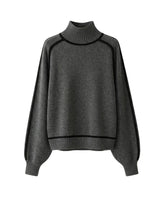 The Camille sweater in gray — high-neck knit sweater with contrast piping and lantern sleeves, product flat-lay
