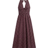 The Capri Polka Dot Dress in brown — polka-dot halter maxi dress with V-neck, product flat-lay