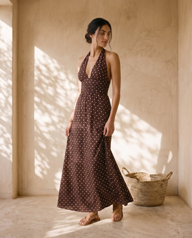 brown polka dot halter dress Capri leading into a gracefully Collection:Flor De Paradiso FUFU&GAGA Contemporary Black Double SALE-ID-09032026