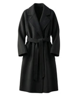 The Caroline Tie Waist Coat in black — longline belted coat with lapel collar and tie waist, product flat-lay
