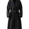 The Caroline Tie Waist Coat in black — longline belted coat with lapel collar and tie waist, product flat-lay