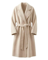The Caroline Tie Waist Coat in oat — longline belted coat with lapel collar and tie waist, product flat-lay