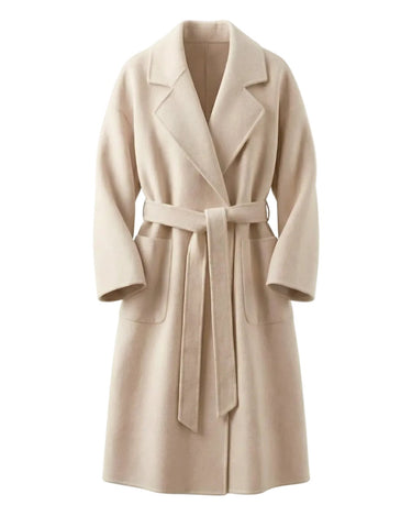The Caroline Tie Waist Coat in oat — longline belted coat with lapel collar and tie waist, product flat-lay
