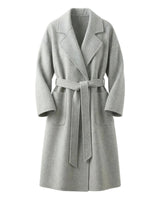 The Caroline Tie Waist Coat in gray — longline belted coat with lapel collar and tie waist, product flat-lay