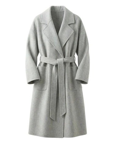 The Caroline Tie Waist Coat in gray — longline belted coat with lapel collar and tie waist, product flat-lay