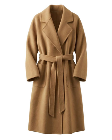 The Caroline Tie Waist Coat in camel — longline belted coat with lapel collar and tie waist, product flat-lay