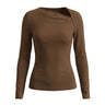 The Celeste Asymmetrical Long Sleeve Top in coffee — asymmetric draped-neck long-sleeve top, product flat-lay