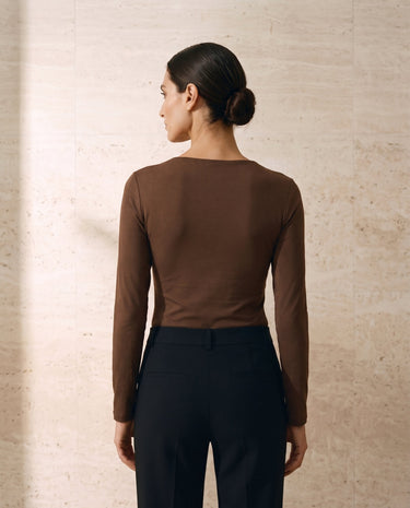 The Celeste Asymmetrical Long Sleeve Top in coffee — asymmetric long-sleeve top, back view on model