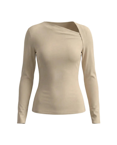 The Celeste Asymmetrical Long Sleeve Top in beige — asymmetric draped-neck long-sleeve top, product flat-lay