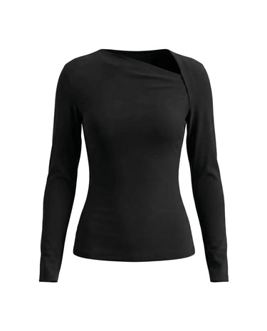 The Celeste Asymmetrical Long Sleeve Top in black — asymmetric draped-neck long-sleeve top, product flat-lay