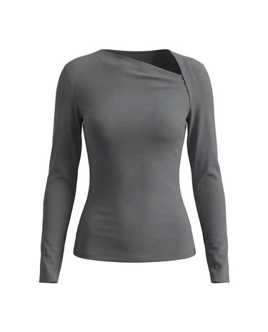 The Celeste Asymmetrical Long Sleeve Top in gray — asymmetric draped-neck long-sleeve top, product flat-lay