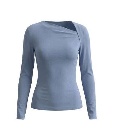 The Celeste Asymmetrical Long Sleeve Top in blue — asymmetric draped-neck long-sleeve top, product flat-lay