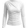 The Celestine Ruched Top in white — slim ruched long-sleeve top with draped high neck, product flat-lay