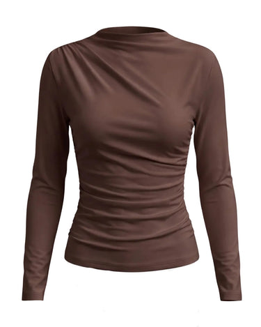The Celestine Ruched Top in dark brown — slim ruched long-sleeve top with draped high neck, product flat-lay