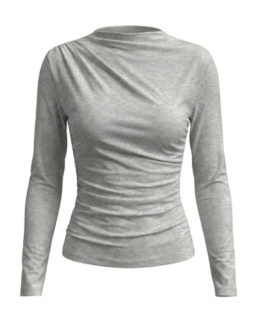 The Celestine Ruched Top in light gray — slim ruched long-sleeve top with draped high neck, product flat-lay
