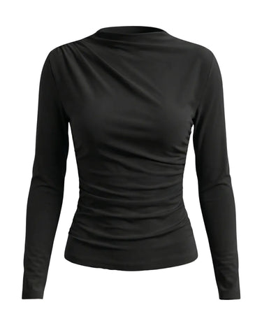 The Celestine Ruched Top in black — slim ruched long-sleeve top with draped high neck, product flat-lay