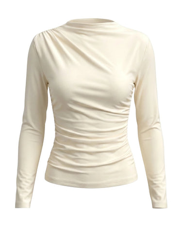 The Celestine Ruched Top in cream white — slim ruched long-sleeve top with draped high neck, product flat-lay