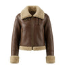 The Cerys Fur Collar Jacket in coffee — faux-leather aviator jacket with faux fur collar, product flat-lay