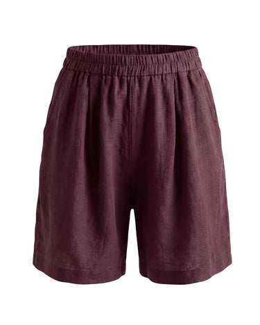 The Ciente Cotton Shorts in burgundy — elastic-waist pull-on cotton shorts, product flat-lay