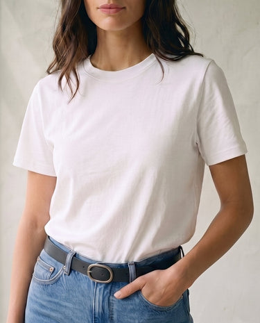 The Cotton Everyday Tee in white — crew-neck cotton t-shirt, front view on model