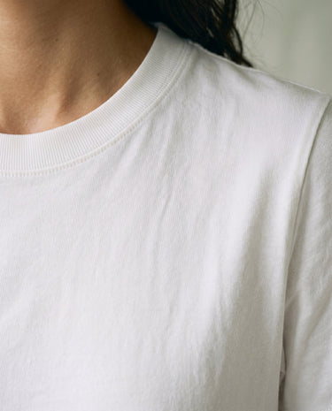The Cotton Everyday Tee in white — close-up of the ribbed crew neckline
