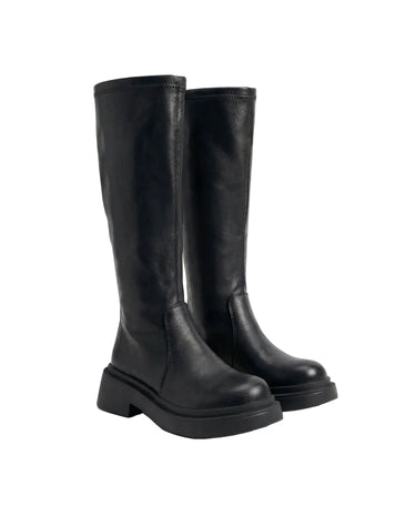 The Elara Slim Riding Boots in black — knee-high riding boots with lug sole, product shot