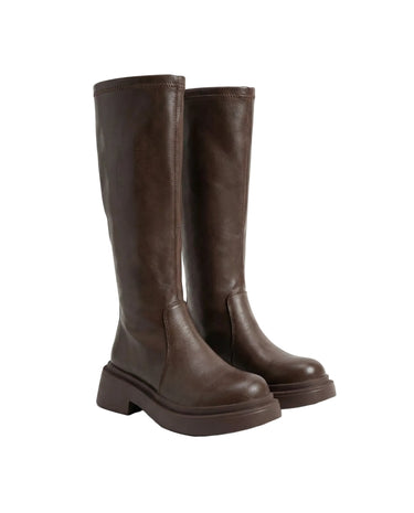 The Elara Slim Riding Boots in brown — knee-high riding boots with lug sole, product shot