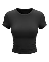 Black fitted crew-neck cropped tee, flat-lay front view – Moriel Heritage