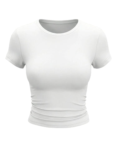 White fitted crew-neck cropped tee, flat-lay front view – Moriel Heritage