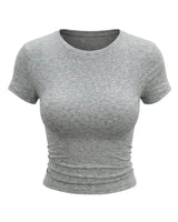 Gray marl fitted crew-neck cropped tee, flat-lay front view – Moriel Heritage