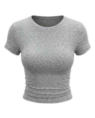 Gray marl fitted crew-neck cropped tee, flat-lay front view – Moriel Heritage