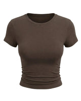 Brown fitted crew-neck cropped tee, flat-lay front view – Moriel Heritage