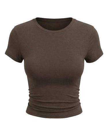 Brown fitted crew-neck cropped tee, flat-lay front view – Moriel Heritage