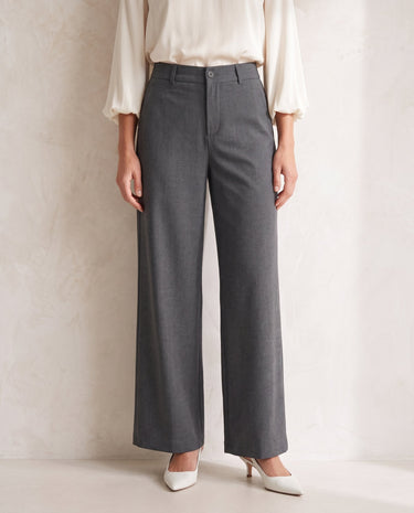The Elin Wide Leg Tailored Pants in dark gray — wide-leg suit trousers, front view on model