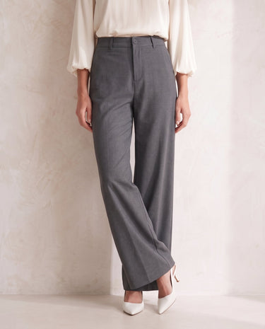 The Elin Wide Leg Tailored Pants in dark gray — wide-leg suit trousers, front view on model