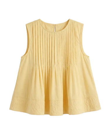 The Elio Pleat Vest in yellow — sleeveless pin-tuck pleated swing top, product flat-lay
