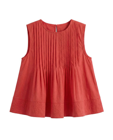 The Elio Pleat Vest in red — sleeveless pin-tuck pleated swing top, product flat-lay
