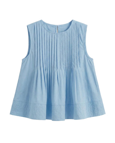 The Elio Pleat Vest in baby blue — sleeveless pin-tuck pleated swing top, product flat-lay