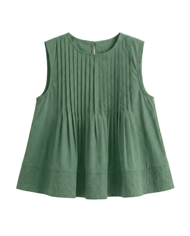The Elio Pleat Vest in green — sleeveless pin-tuck pleated swing top, product flat-lay