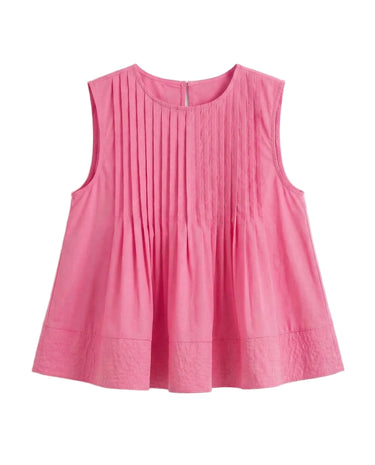 The Elio Pleat Vest in pink — sleeveless pin-tuck pleated swing top, product flat-lay