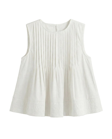 The Elio Pleat Vest in white — sleeveless pin-tuck pleated swing top, product flat-lay