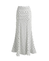 The Elisia Polka Dot Skirt in white — high-waisted fishtail maxi skirt with black polka dot print, product flat-lay