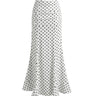 The Elisia Polka Dot Skirt in white — high-waisted fishtail maxi skirt with black polka dot print, product flat-lay