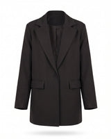 The Elle Blazer in black — single-button oversized blazer with notch lapels, product flat-lay