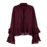 The Eloise Ruffle Blouse in burgundy — high-neck tiered ruffle-sleeve blouse, product flat-lay