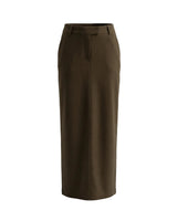 The Eloise Tailored Skirt in brown — high-waist straight maxi skirt with front slit, product flat-lay