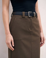 The Eloise Tailored Skirt in brown — close-up of waist and belt loops